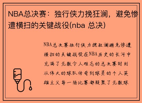 NBA总决赛：独行侠力挽狂澜，避免惨遭横扫的关键战役(nba 总决)
