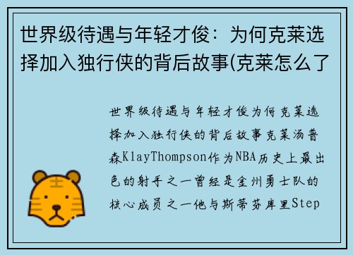 世界级待遇与年轻才俊：为何克莱选择加入独行侠的背后故事(克莱怎么了)